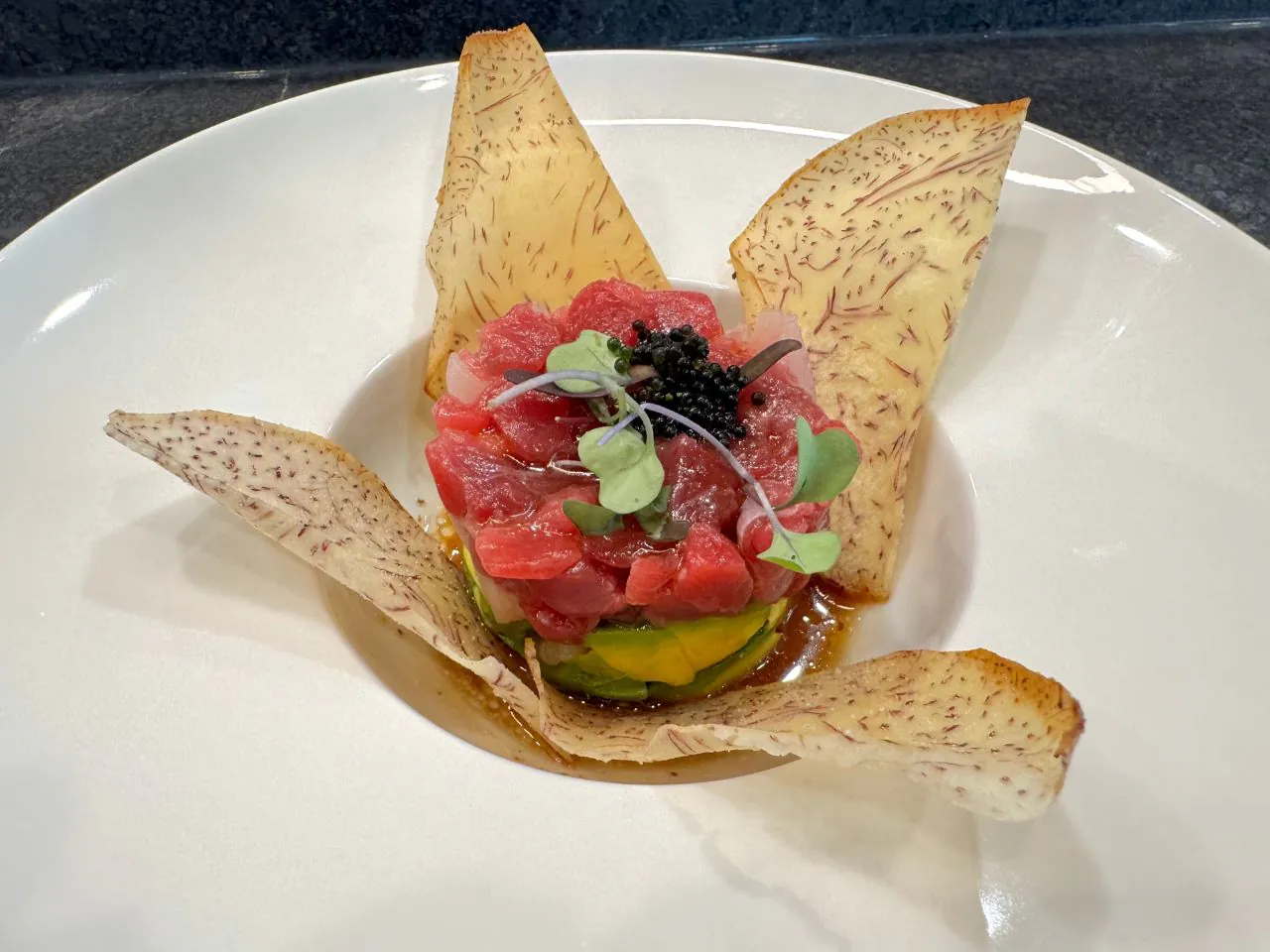 Tuna tartare stacked with avocado, served with crispy chips at The Shoya, a Japanese Restaurant in Pleasant Hill