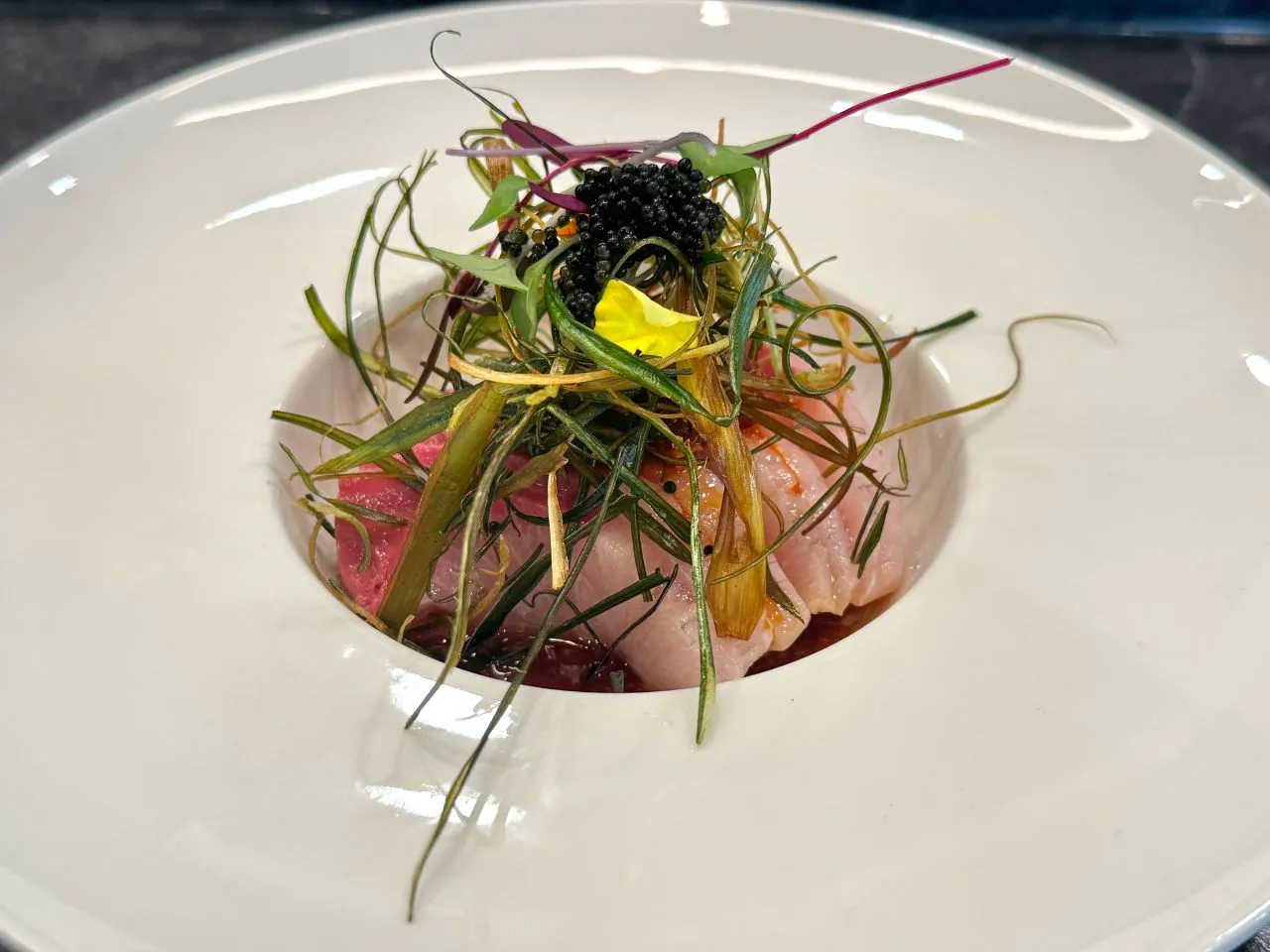 Delicate fish dish topped with caviar and assorted greens at The Shoya, a Japanese Restaurant in Pleasant Hill